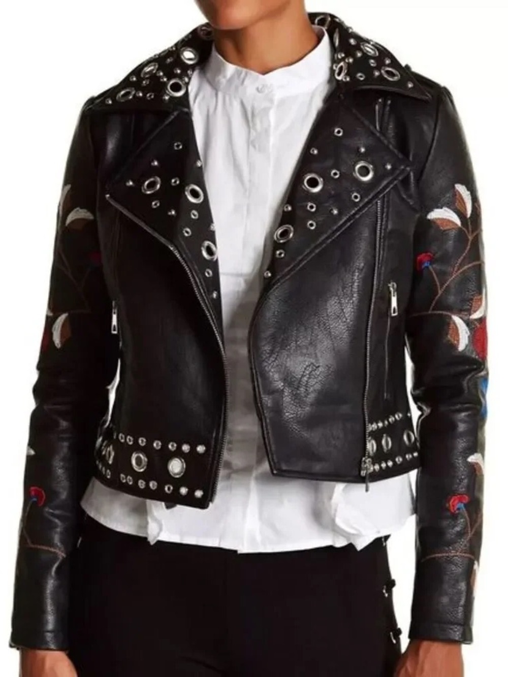 Romeo & Juliet Couture Black Embroidered Studded Leather Moto Jacket